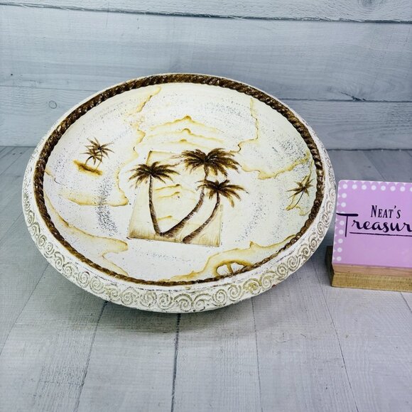 Lyon GOLDEN MOON Topical Bahamas Palms Shallow Round Heavy Large Terracotta Bowl - Picture 1 of 16